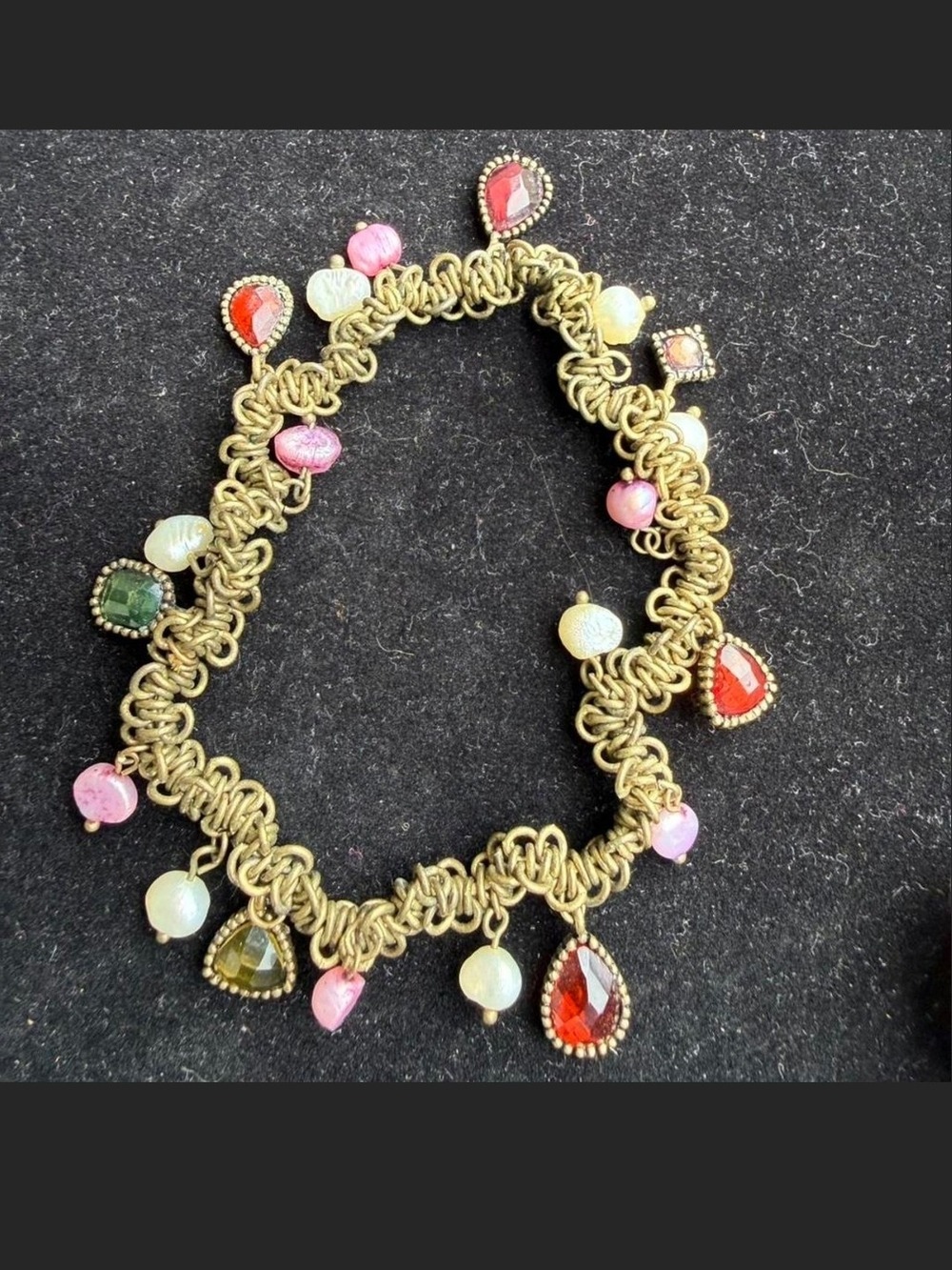 Vintage Gold Tone Stretch Charm Bracelet Red Pink Green Glass Beaded Statement